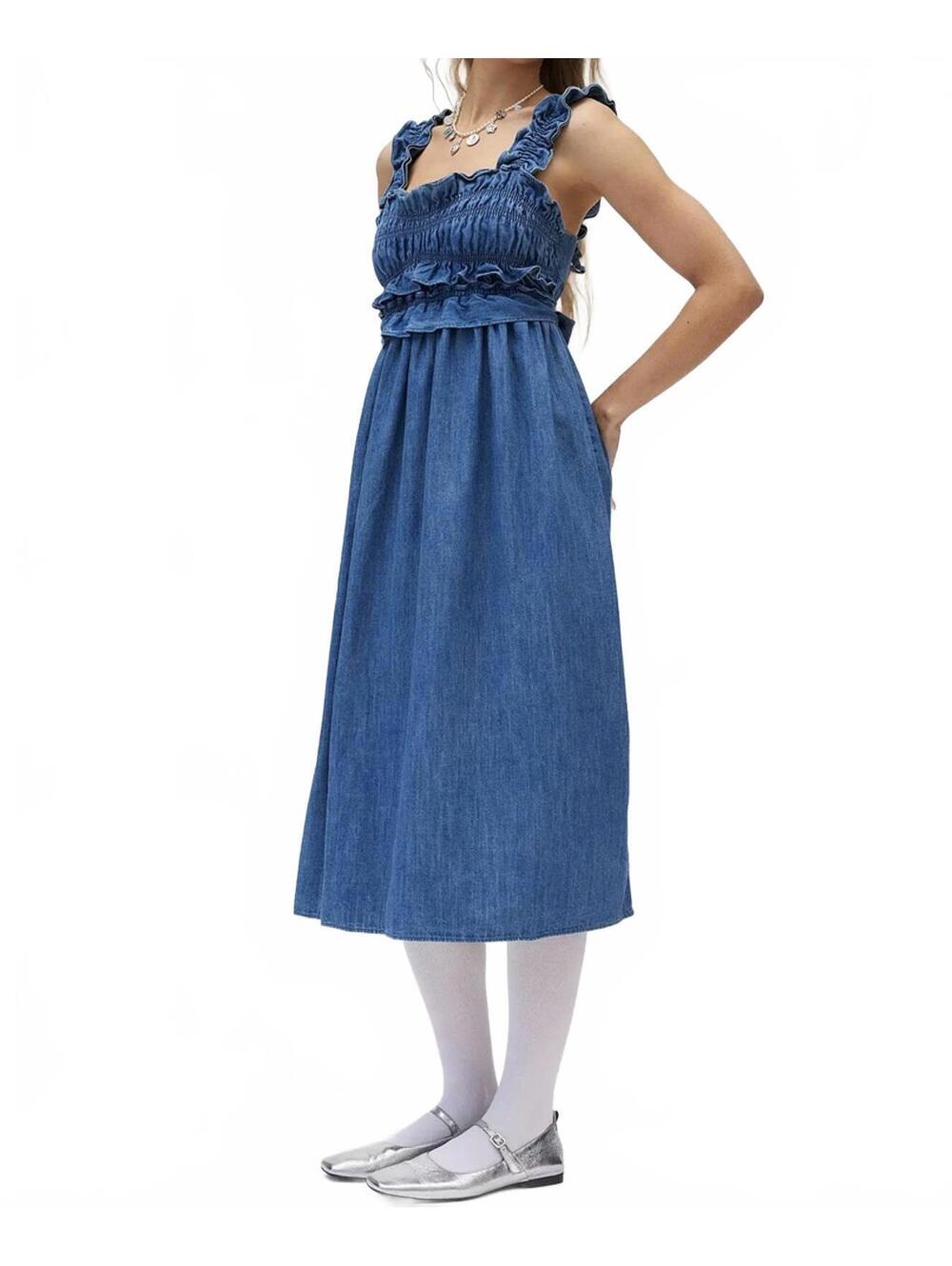 UO Kimchi Blue Cotton Kenzie Empire Waist Bow Denim Midi Dress NWT XS